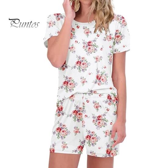 2 Pcs/Set Women Pajamas Set Short Sleeve O Neck Flower Print T-shirt Elastic Waist Short Pants Homewear Top Shorts Set Lady Summer Sleepwear