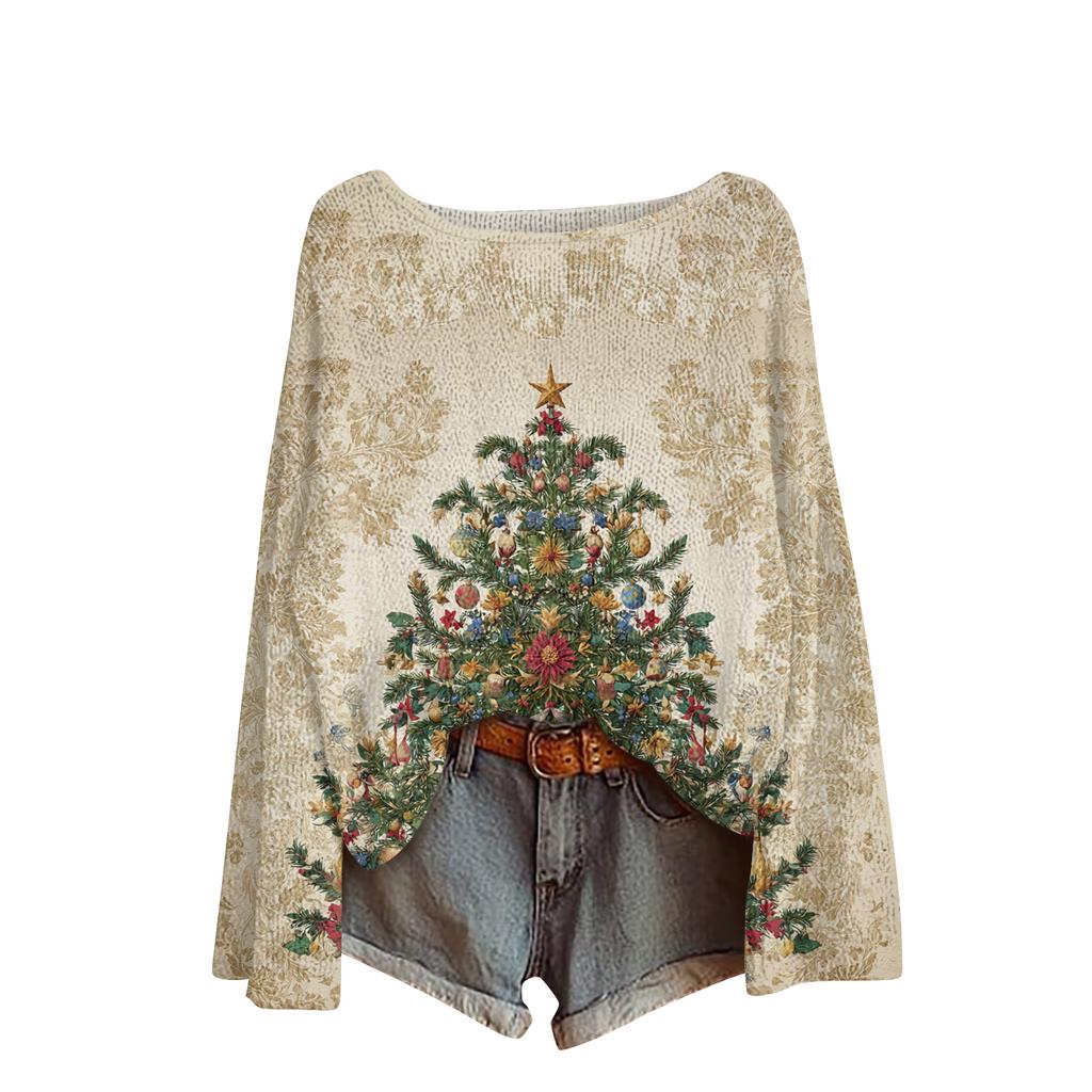 Ladies' Fashionable Casual Long Sleeved Christmas Printed Round Neck Knitted Yarn