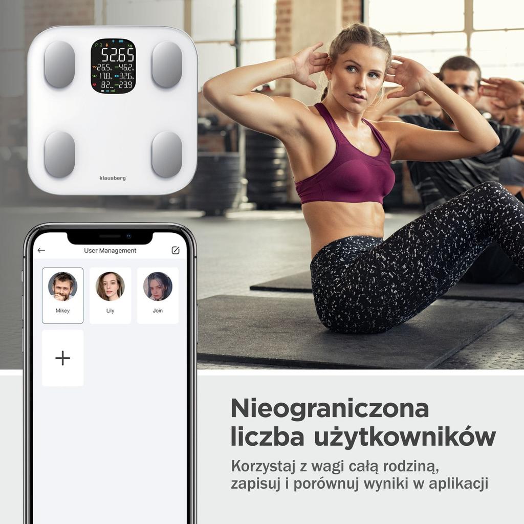 Waga łazienkowa z pomiarem tkanki tłuszczowej i składu ciała, Smart, BT, KLAUSBERG KB-7855 biała