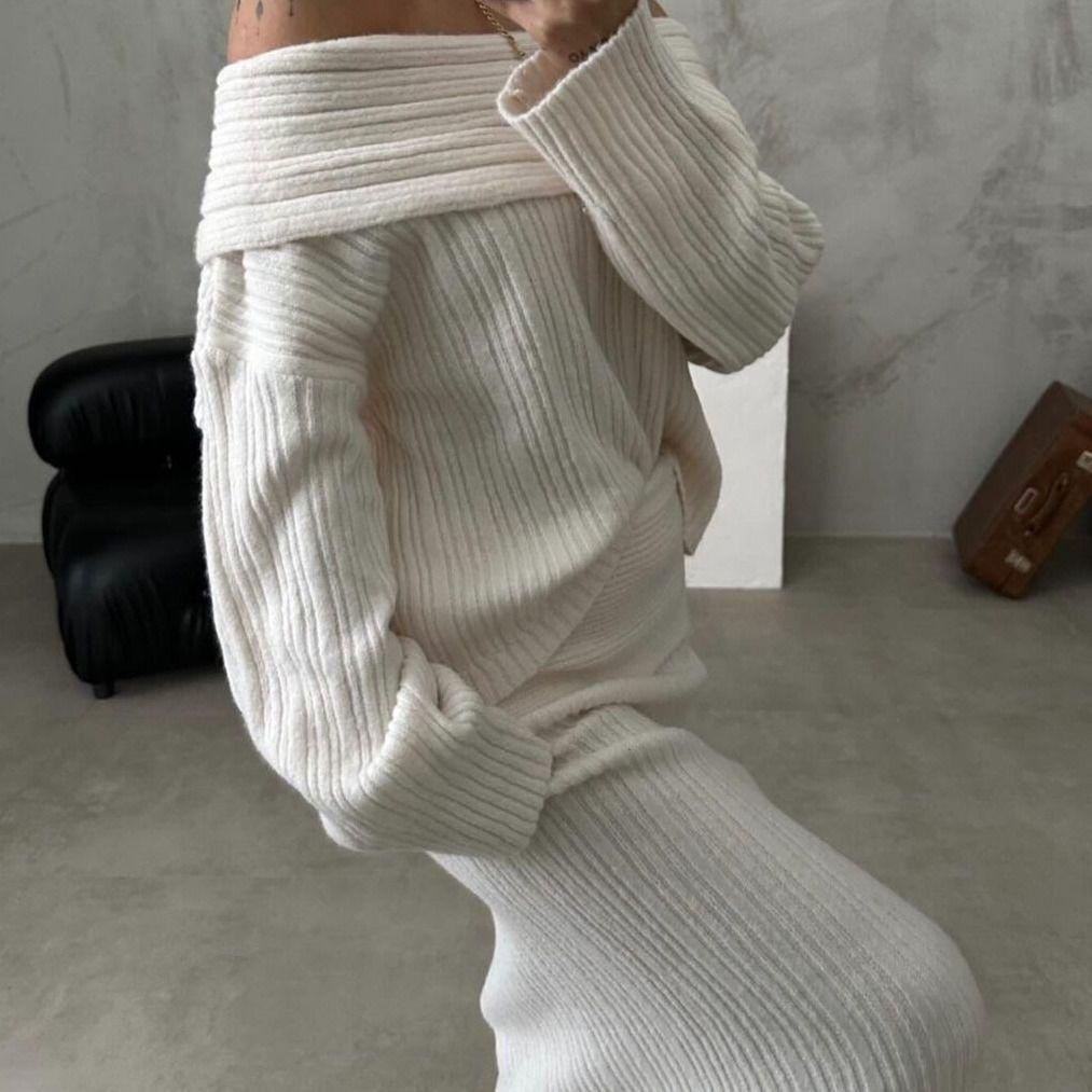 2024 European & American Style Off-the-Shoulder Knitted Sweater Two-Piece Set with Long Sleeves