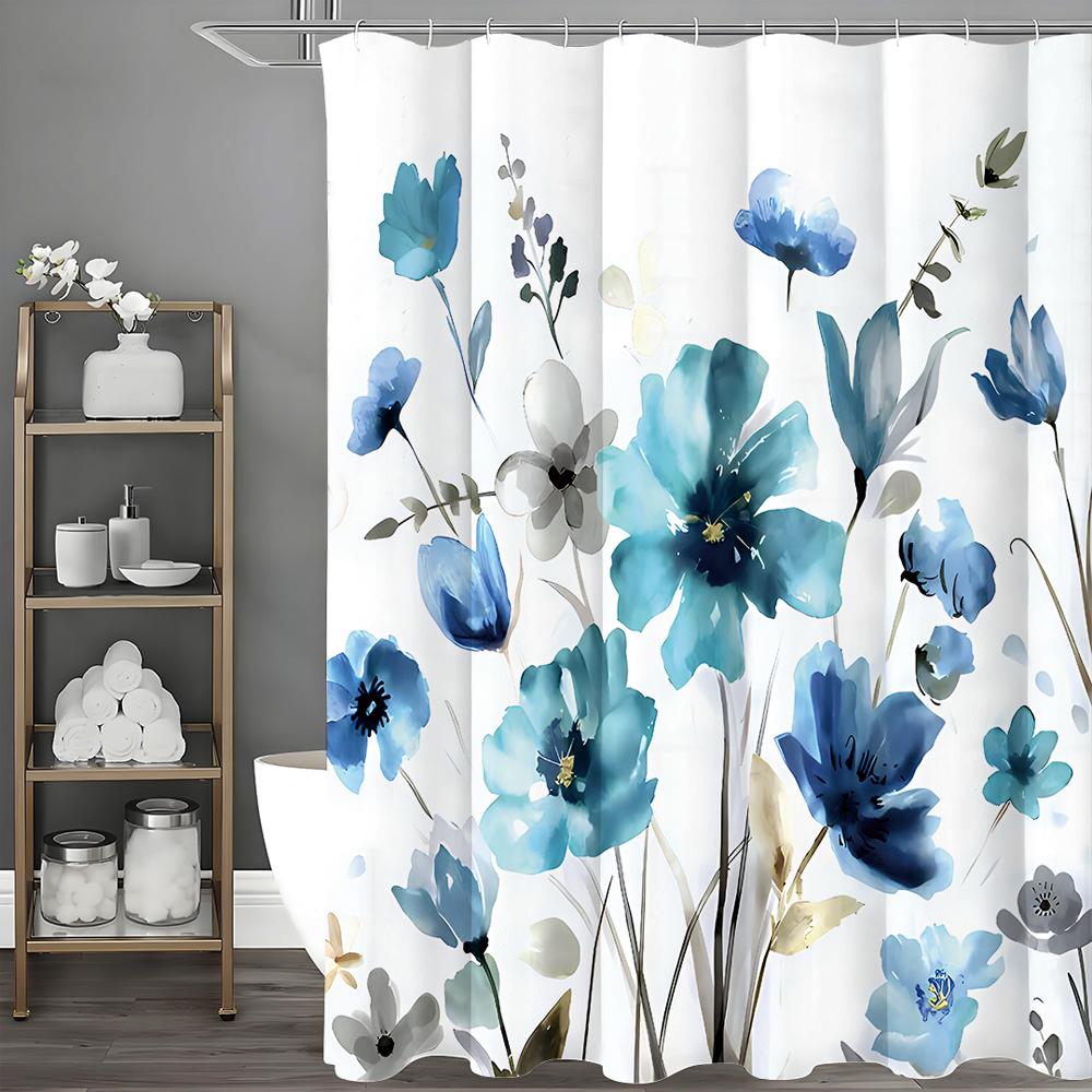Watercolor Bohemian Floral Shower Curtain, Teal Floral, Mildew Resistant, Waterproof Bathroom Curtain, Gray Botanical Landscape