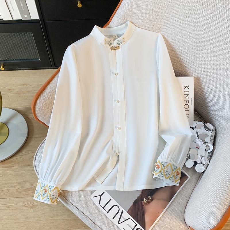 

Spring Retro Embroidered Hanfu-Style Stand Collar Long Sleeve Shirt M