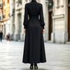 Women's High Waist Long Sleeve Flared Maxi Dress with Stand Collar and Double Slits