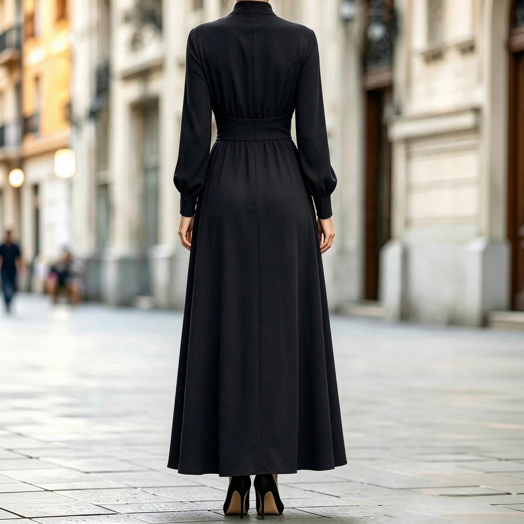Women's High Waist Long Sleeve Flared Maxi Dress with Stand Collar and Double Slits