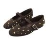 Fashion Cool Gold Rivets Design Ballet Flats Women Faux Suede Belt Metal Buckle Low Heel Women Shoes Non-slip Soft Sole Mary Jane Shoes