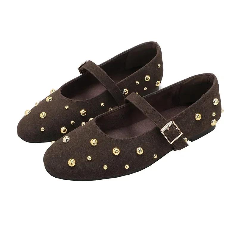 Fashion Cool Gold Rivets Design Ballet Flats Women Faux Suede Belt Metal Buckle Low Heel Women Shoes Non-slip Soft Sole Mary Jane Shoes