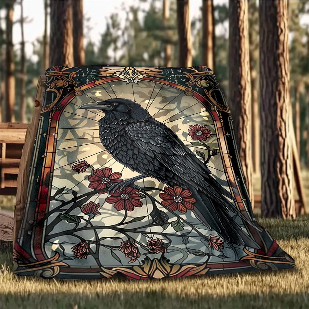 1pc Stained Glass Raven Throw Blanket Polyester Fiber, Lightweight Flannel, Soft & Warm, All Season Use for Outdoor, Camping Digital Print