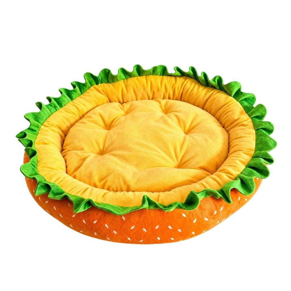 Hamburger Shape Plush Pet Bed for Small Dogs Cats with Lettuce Trim Food Toy Set Round Cushion