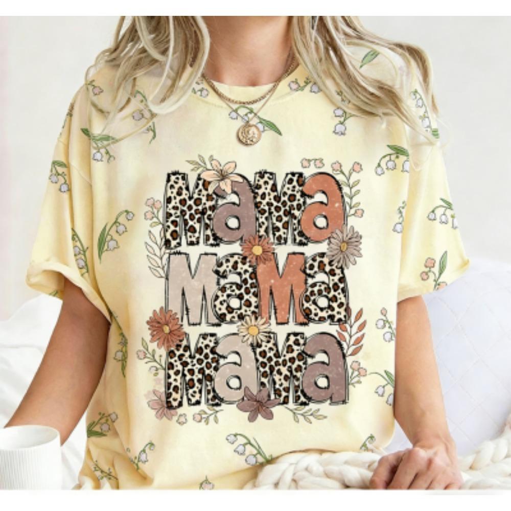 Fashion Funny Flower Leopard Mama Letter Print Women's Short Sleeves T-Shirt Loose Casual Summer Outdoor Street Women's Tees Tops