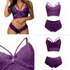 Floral Lace Sexy Lingerie Set, Strappy Bow Hollow Bra & Semi-sheer Boyshort Panties, Women's Sexy Lingerie & Underwear