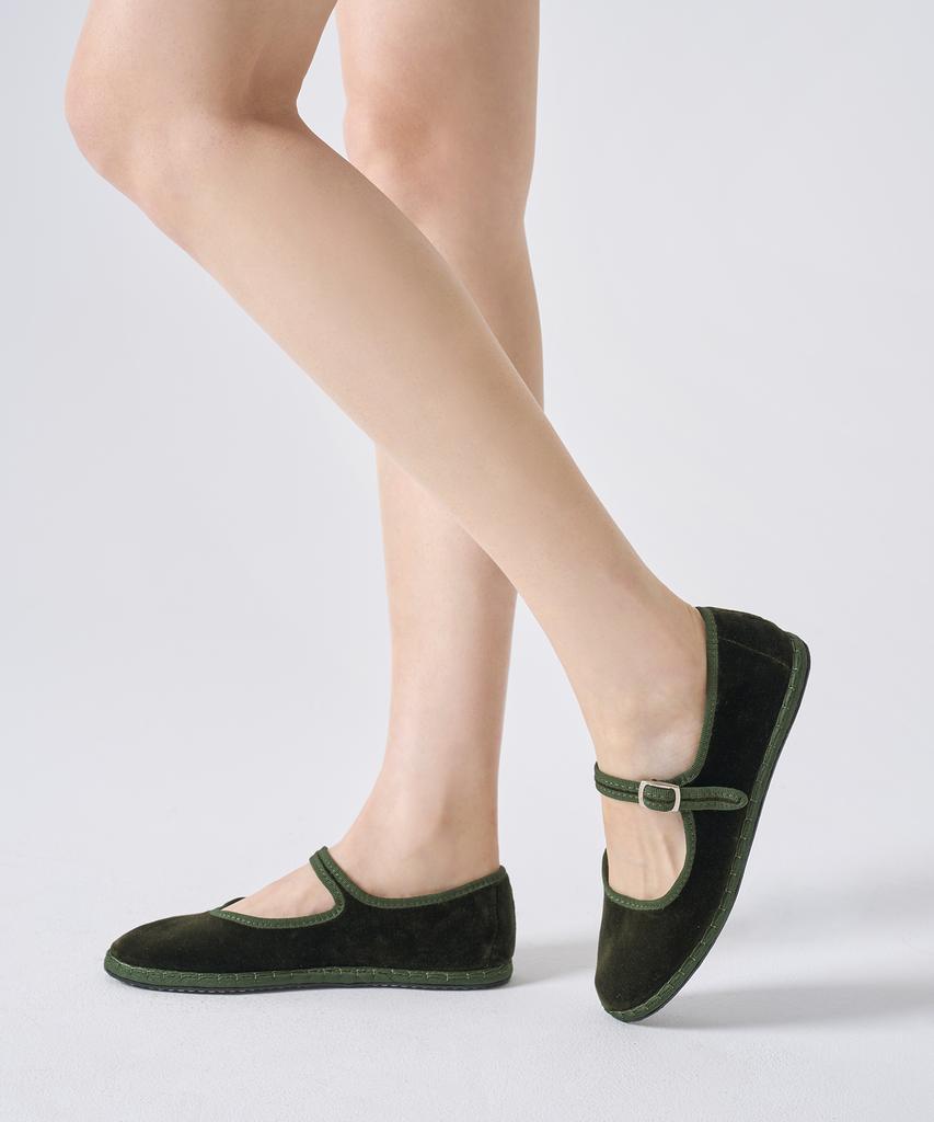 Drogheria Crivellini Cotton Velvet Mary Jane Flats_Green Collar