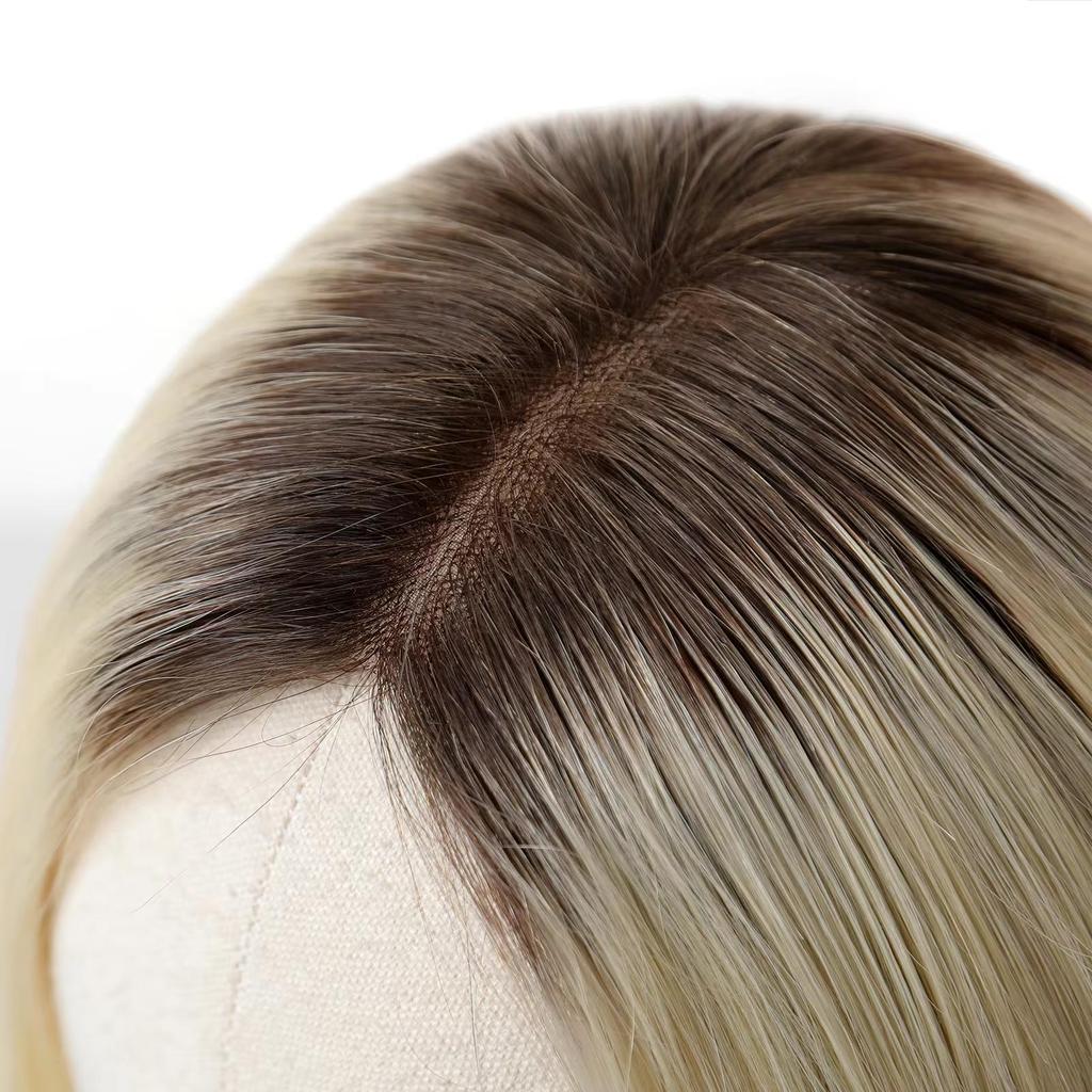 HAIRCUBE Light Blonde 14 Inch Human Hair Toppers with Dark Roots for Women 4 Clips Pieces with Thinning Hair In Mono Lace Base Toppers