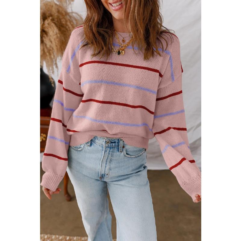 Spring Autumn Loose Casual Striped Patchwork Sweatshirt Women Vintage Bottomed All-match Knitting Pullover Top