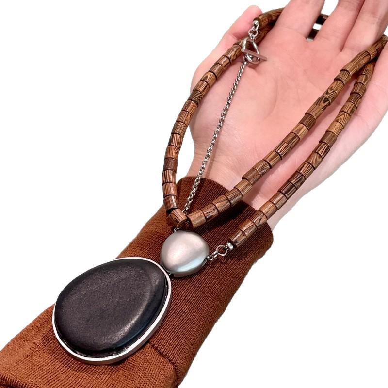 Trendy Late Autumn Wood Bead Pine Cone Pendant Necklace for Women