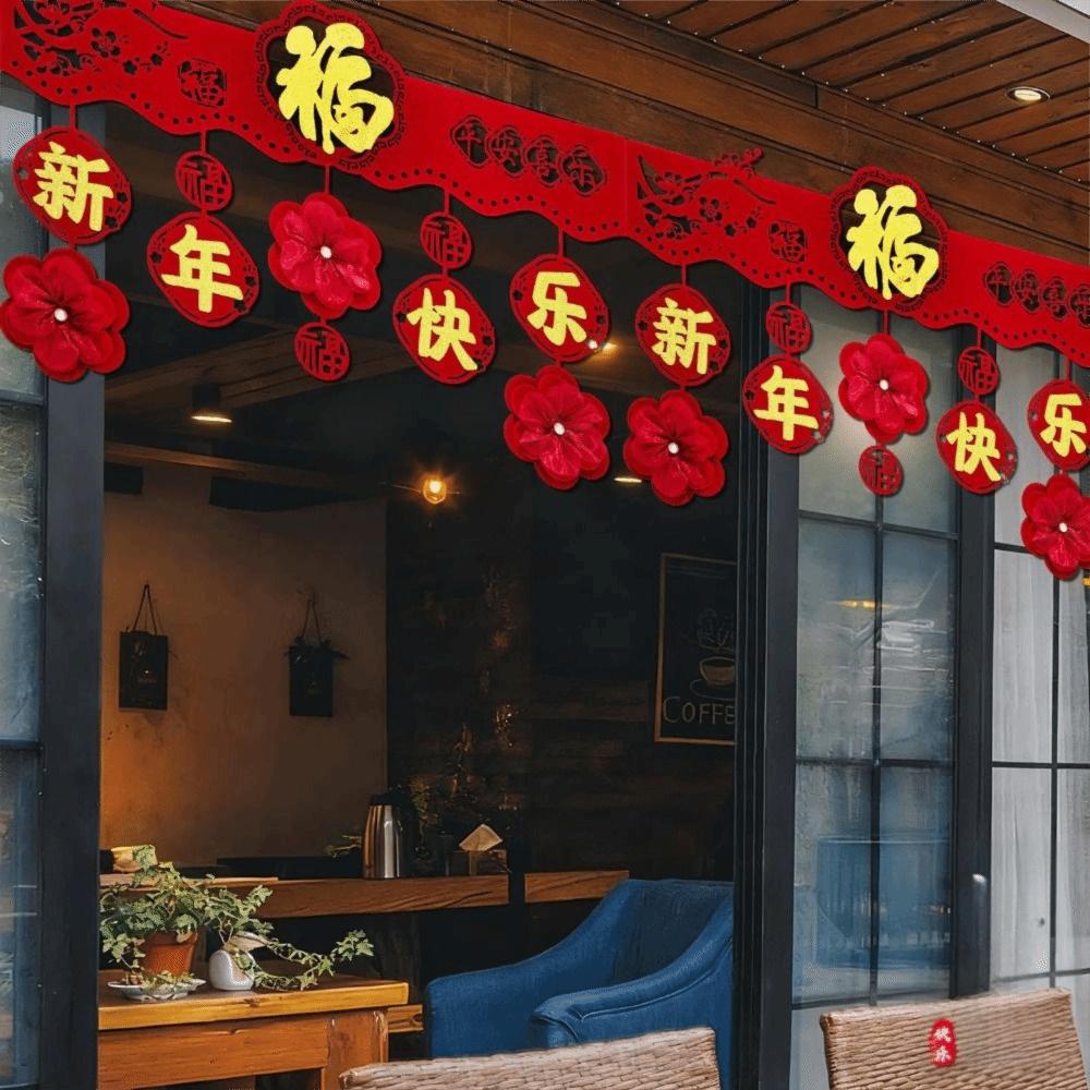 Happy New Year Non-woven New Year Garlands Red Lucky Door Banner Decoration Garland DIY Hanging Banner Festive New Year Supplies