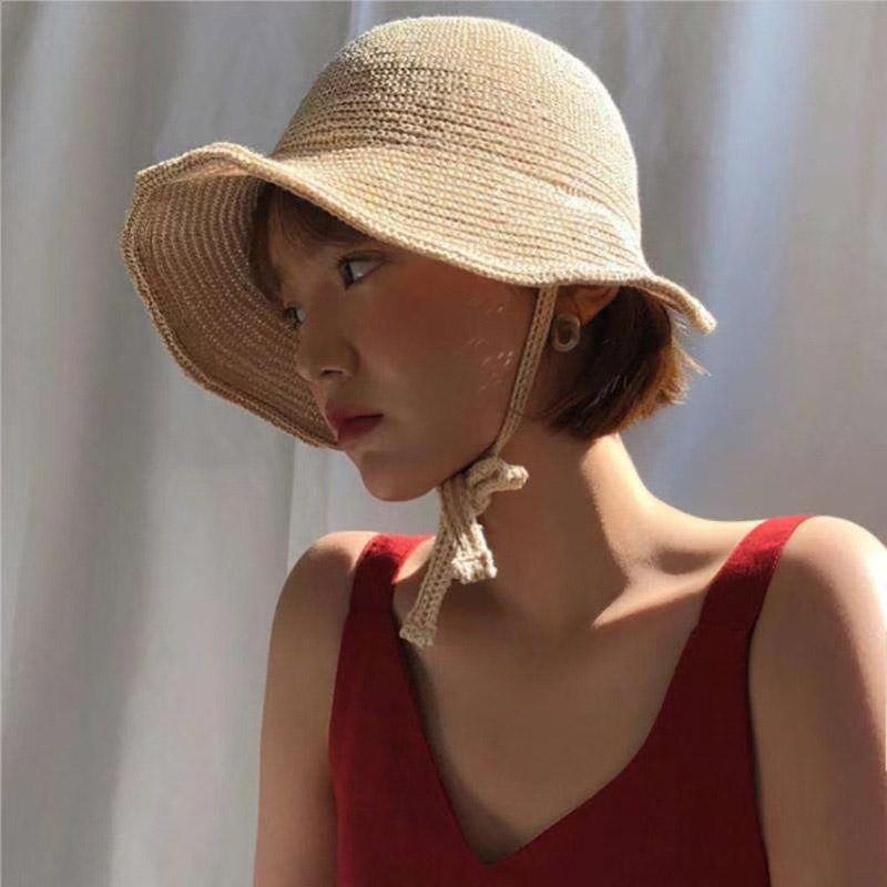 Summer Women Knitted Sun Hat Solid Color Breathable Wide Brim Bucket Hats Ins Korean Girl Beach Travel Windproof Strap Basin Cap