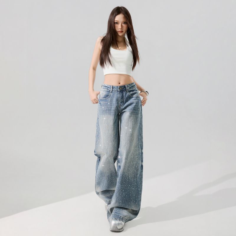 Spring Summer Full Bling Rhinestone Lightning Cat Whisker Detail Wide Leg Comfy Casual Denim Pants Female Casual Pants Oversize Denim Trousers