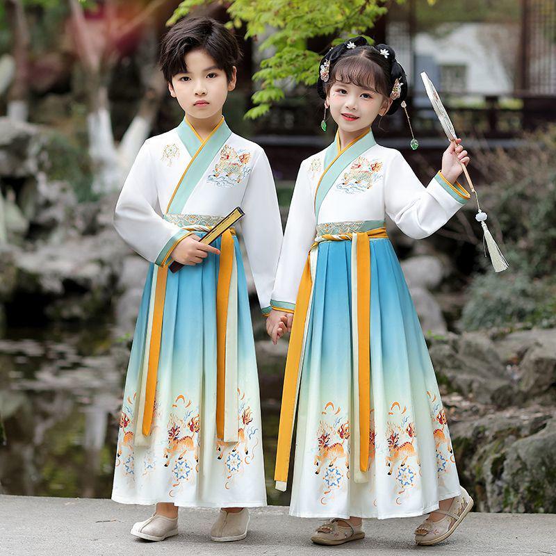 Costume da Studente Hanfu per Bambini: Abito Classico dei Tre Caratteri e per la Recitazione di Poesie per Bambini e Bambine, Primavera/Autunno