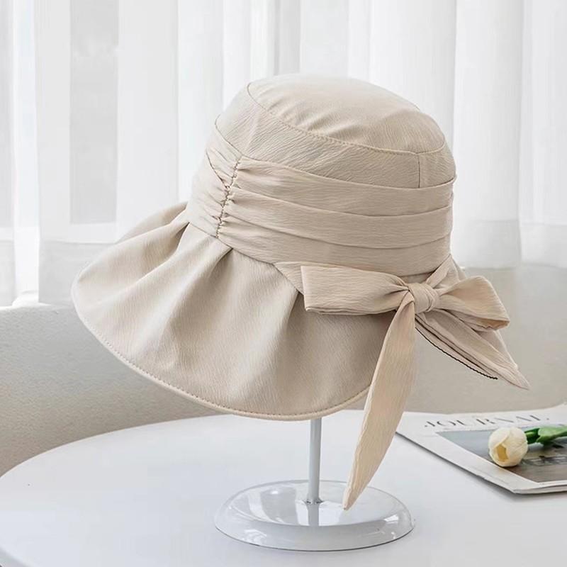 Summer Vinyl Women Fisherman Hat Solid Color Bow Wide Brim Bucket Hats For Ladies Travel Outdoor Sun Protection Cap