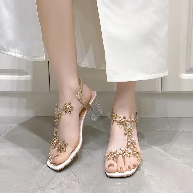 Mode 2025 Damenschuhe Sommer Zehenfrei Damen Sandalen Neue Mode Bling Blumen Strass Kleid Sandalen Damen mit Absatz Sandalias