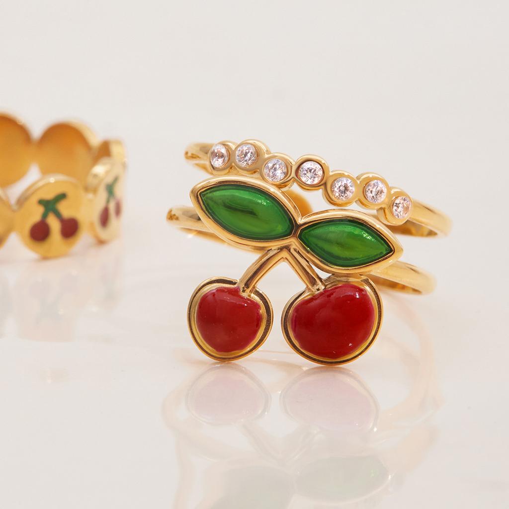 Yori Arrivals Oil Dripping Cherry Adjustable Open Ring 18K Golden PVD Plated Stainless Steel Summer Popular Charm Jewelry Gift