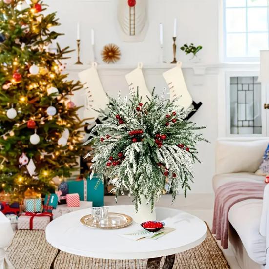 Tabletop Plant Ornaments for Home 20Pcs Christmas Norfolk Pine Picks, Flocked Snow Branches with Lifelike Floral Decor Gift Red Berries, Artificial