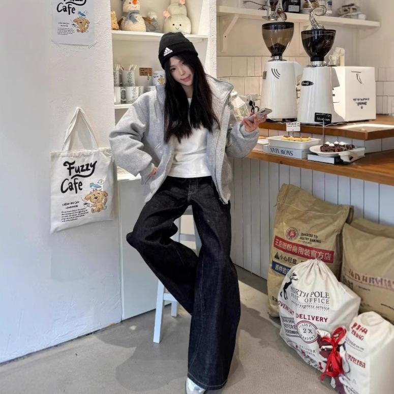 American-style washed original cow loose straight A-word retro jeans men's and women's trendy brand free mopping trousers casual trousers