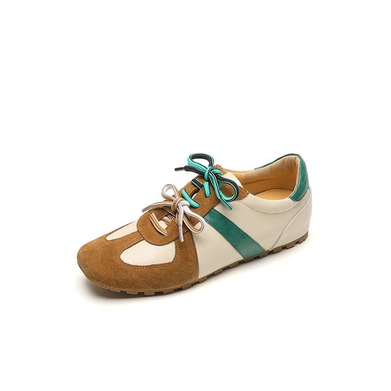 Fashion Lace-up German Training Shoes Pumps Female Genuine Leather 2025 New Spring Flat Sneakers Ladies Casual Forrest Gump Shoes Women