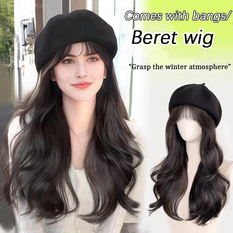 Schwarzes Barett mit Air Bangs, große Wellen, lockige Perücke, Damenperücke aus Kunstfaser, geeignet für Halloween- und Weihnachtsfeiern