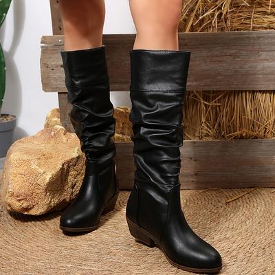 Fashion Black Pu Leather Knee-High Boots Women Slip On Med Heel Western Cowboy Boots Woman Autumn Winter Pleated Long Botas Plus Size 43