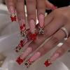 New Long Water Pipe Wearing Nail Red Leopard Print French Edge Cherry Rhinestone Three-dimensional Wearable Manicure Nail
