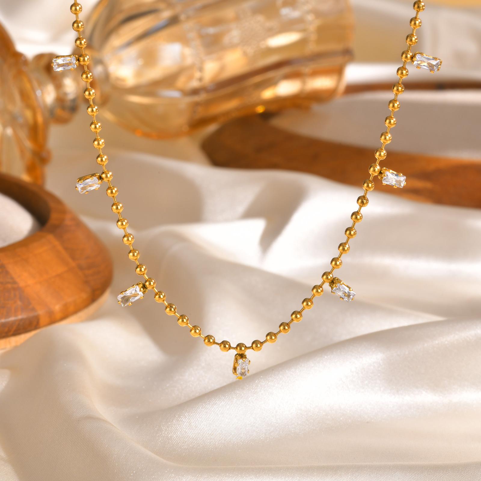 

Stainless Steel 7 white Square Zircon Necklace Pendant Wave Bead Chain Gold Color Choker Necklaces Fashion Jewelry Gifts