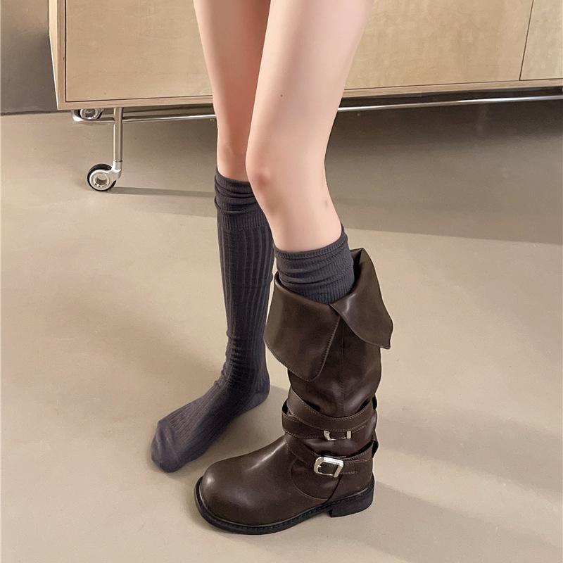 Stylish Retro Round Head Pleated Stacking Boots Foldable In Autumn And Winter Two-Wear Spice Girl Western Cowboy Boots Look Thin And Long