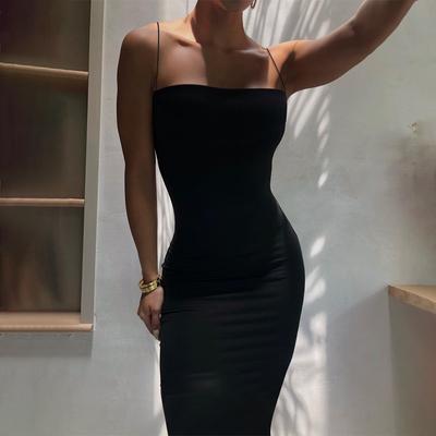 Rochie sexy neagră de vară, îmbrăcăminte de stradă, fără mâneci, fără spate, cu bretele spaghetti, bodycon, vestimentație casual de club, rochii elegante de petrecere