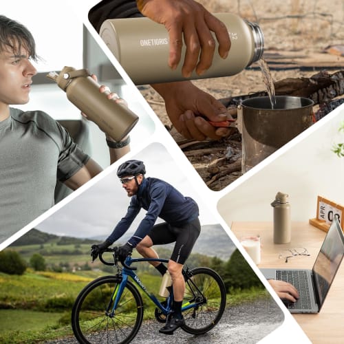 OneTigris 1 Liter Stainless Steel Water Bottle Set with Cover, Vacuum Insulated, Keeps Hot or Cold, Includes 3 Replacement Lids, 2 Straws, and 1 Brush