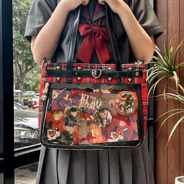 

Women Fashion Checkered Pattern Retro Ita Bag Cute Girl Transparent Large Capacity Tote Bag New Shoulder Bag DIY Display Handbag 31x25x6cm червоний