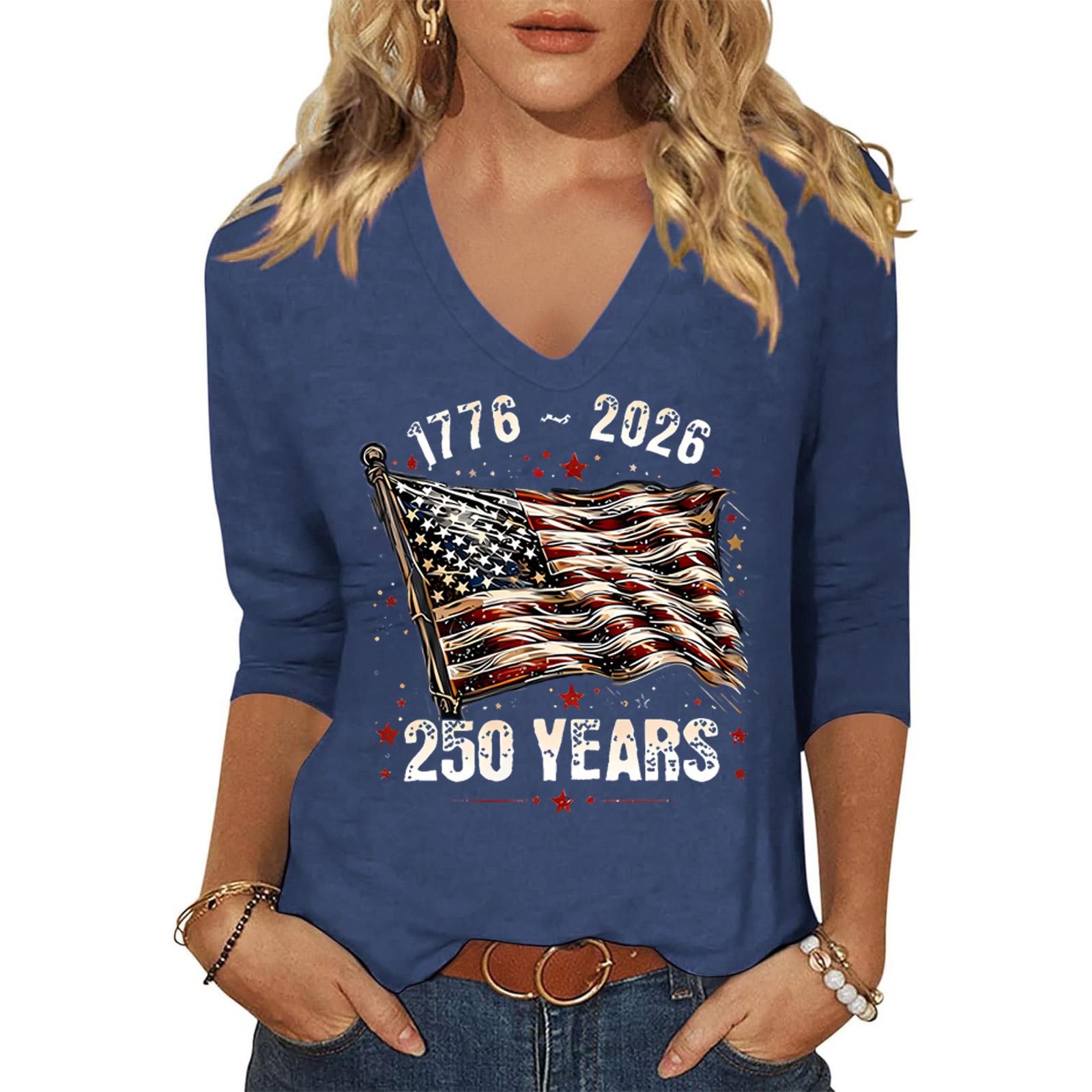 

Women’s Casual V Neck 3/4 Sleeve Top with 1776-2026 250 Years Printed Design Relaxed Fit Independence Day Shirt XXL синий