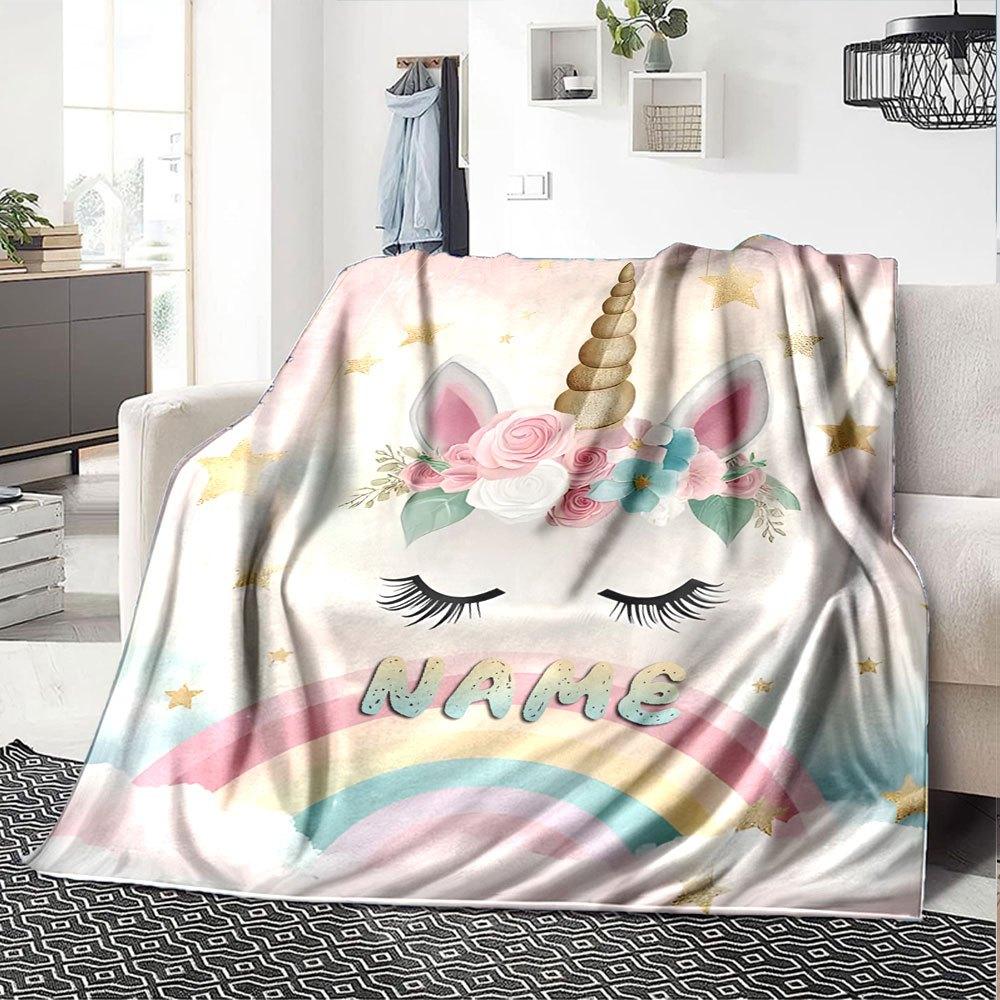Unicorn With Floral Crown And Rainbow Backdrop Cozy Personalized Blanket Personalized Name Ultrasoft Great For Sofa Couch Office Bed Picnics Allseason