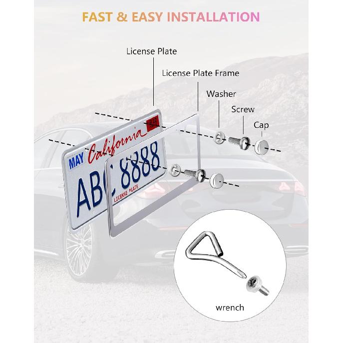 License Plate Frames - 2 Packs Stainless Steel Universal Car Tag Frame for Front and Rear Number Holder with Screws & Chrome Caps