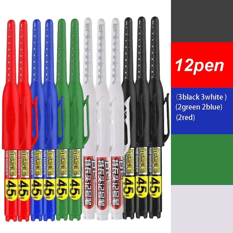 1-12 PCS 45mm Tip Waterproof Long Head Marker Pen Quick-Dry Ink for Woodworking Construction, Deep Hole White Black Red Blue