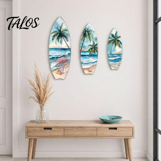 Artistieke Surfplank Huisaccent 3 Delen Houten Wandkunst Decoratie, Natuurlijk Hout Hangend Bord, Warme Nerf Decoratie Lichtgewicht Tropisch Zomer Thema