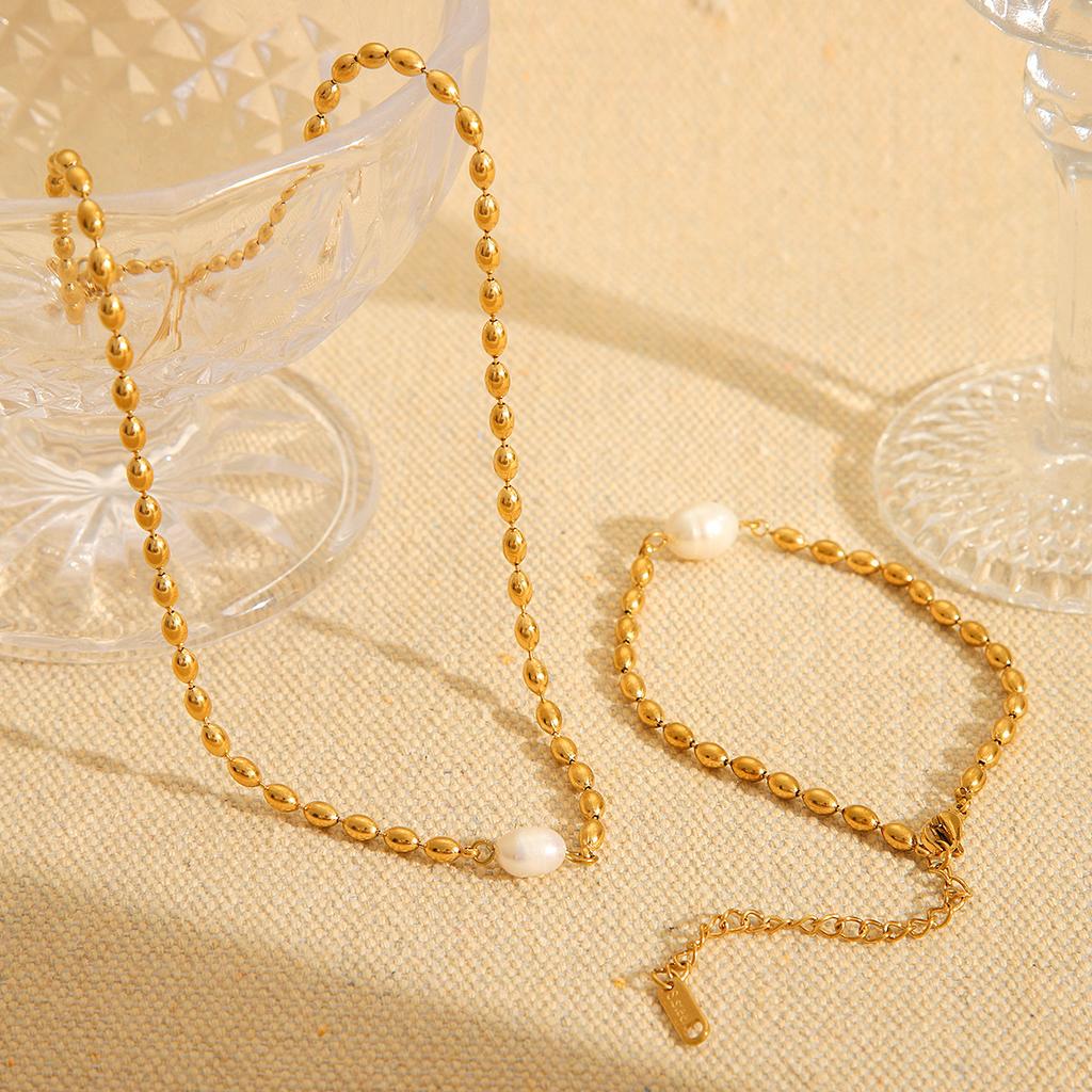 Custom Processing French Style Natural Freshwater Pearl Oval Gold Bead Necklace Stainless Steel Bracelet