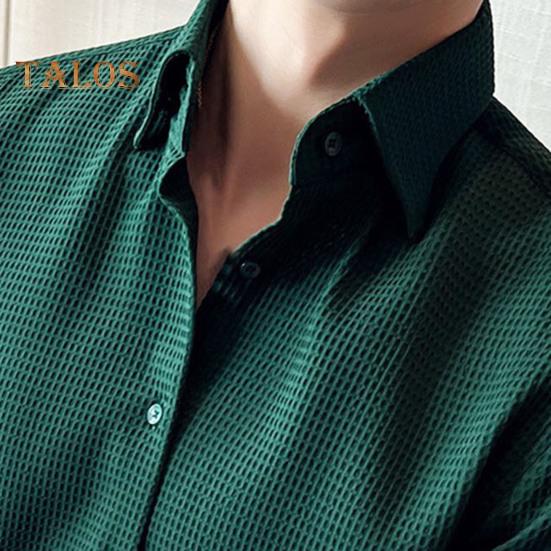 Men Spring Fall Shirt Frence Style Turn-down Collar Slim Fit Waffle Texture Single-breasted Long Sleeves Pure Color Mid Length Young Formal Business