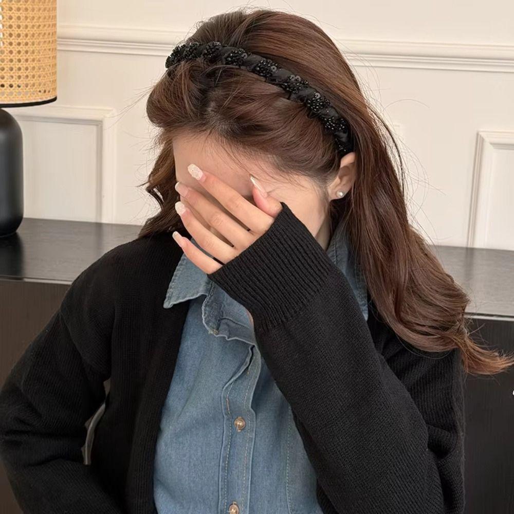 Fluffy Wave Headband with Beaded Korean Style Non-slip Hair Hoop Face Wash Hairband  Girl/Women