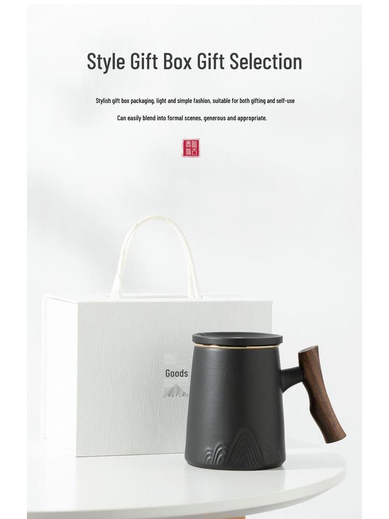 Ceramic Tea Cup with Water Separation, Large Capacity, All-Ceramic Filter, Walnut Wood Handle, Customizable Logo.