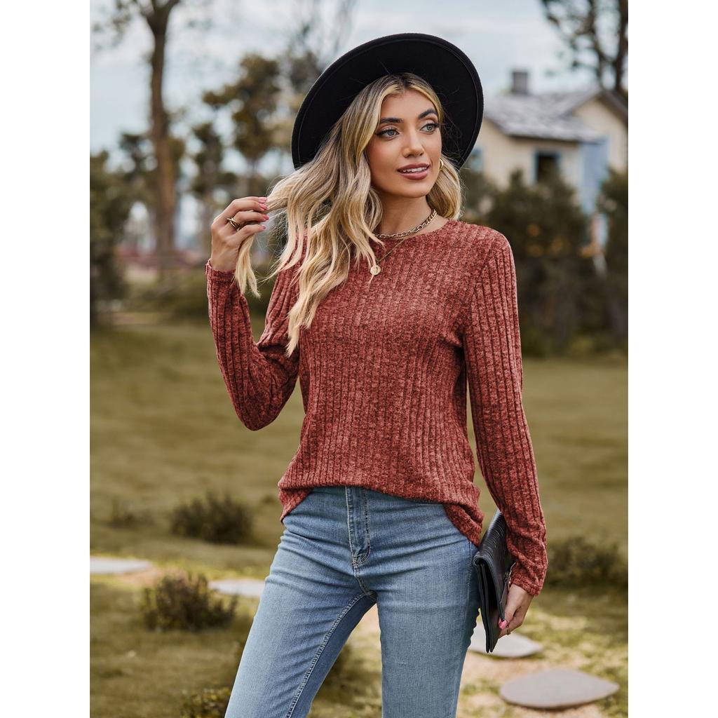 GMXIA Autumn Women's Round Neck Frosted Pit Strip Solid Color Top Long Sleeve T-shirt