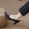Satin thick heel square head high heels women's new autumn retro black professional rhinestone square buckle shoes