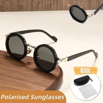 New ND9 Polarised Sunglasses Adjustable Rotatable Dimming Round Frame Woodgrain Temples for Outdoor Sports