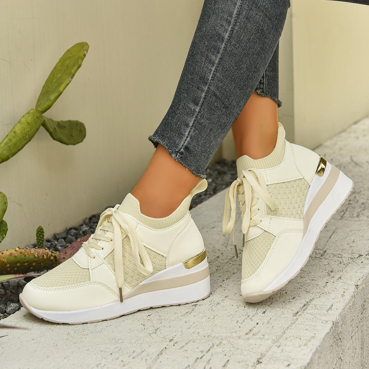 

Fashion Luxury Knitted Mesh Wedge Sneakers Woman Brand Design Metal High Heel Net City Walk Shoes Ladies Breathable Casual Zapatos 36