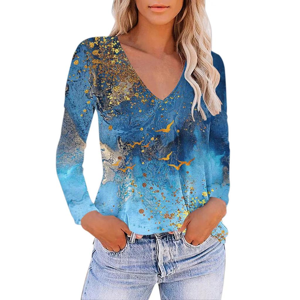 Women's Casual V-Neck Gradient Print Loose T-Shirt Pullover Long Sleeve